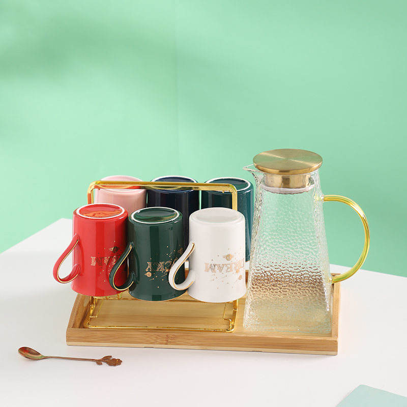 北欧轻奢玻璃水具套装陶瓷六色杯具水杯茶具家用客厅凉水壶带托盘