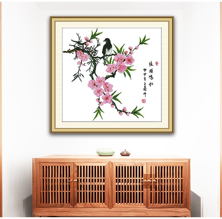 枝头鸣和2022新款十字绣桃花情侣爱人客厅卧室简单手工线绣挂画