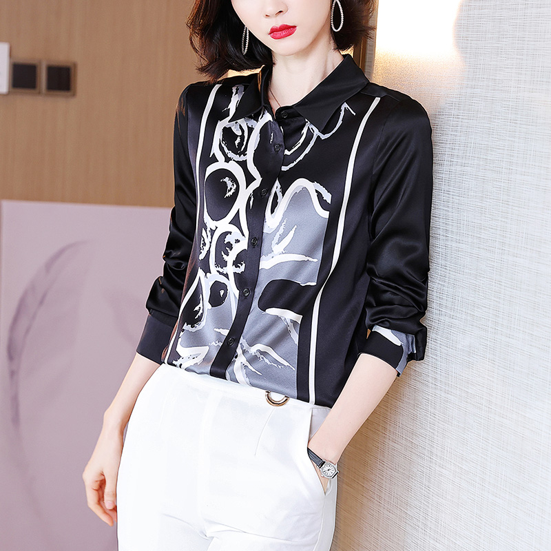 重磅真丝桑蚕丝衬衫女设计感长款时尚印花黑色女士百搭小衫上装