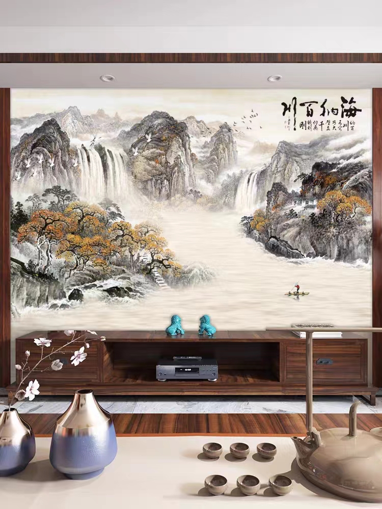 8d电视背景墙中式海纳百川壁画客厅沙发山水画壁纸装饰3d影视墙布