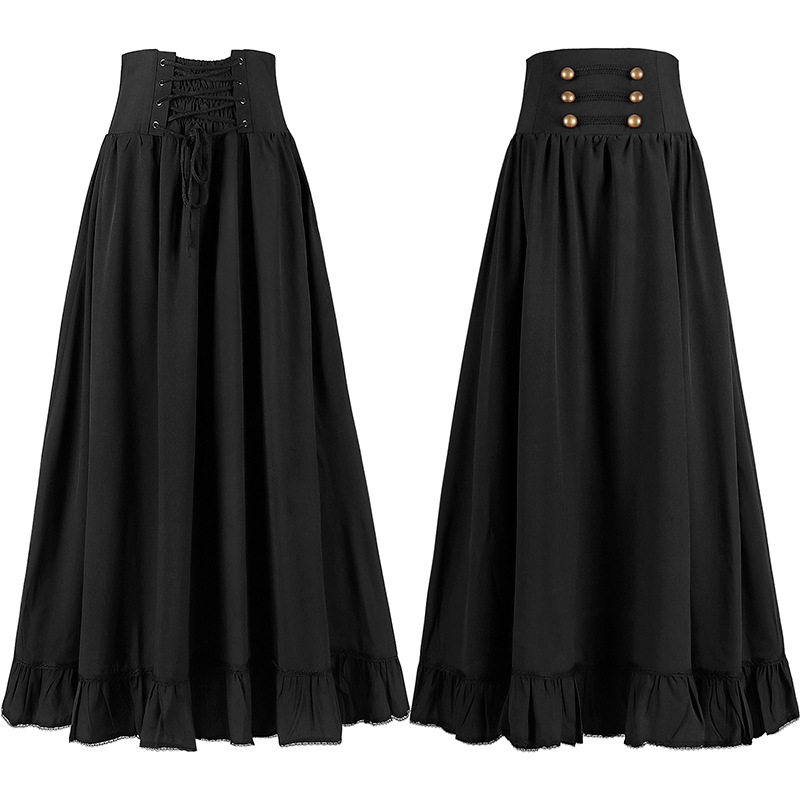 中世纪复古哥特式系带腰花边大摆裙百搭女裙Large swing skirt。