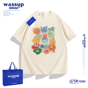 WASSUP HINGE美式高街卡通印花纯棉短袖t恤男女夏季潮牌宽松上衣
