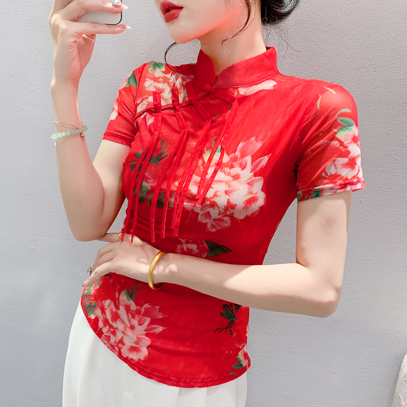 夏季气质修身显瘦百搭上衣新中式盘扣立领红色印花网纱短袖T恤女