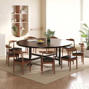 餐桌折叠实木大圆桌家用商用吃饭桌子带转盘新中式桌椅组合颗粒板