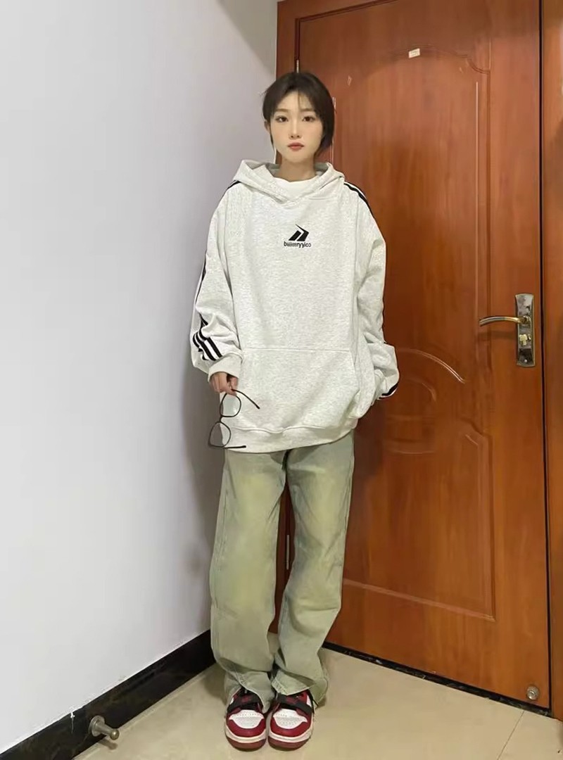 美式hiphop潮牌拼接三条杠连帽卫衣女秋冬宽松oversize百搭上衣