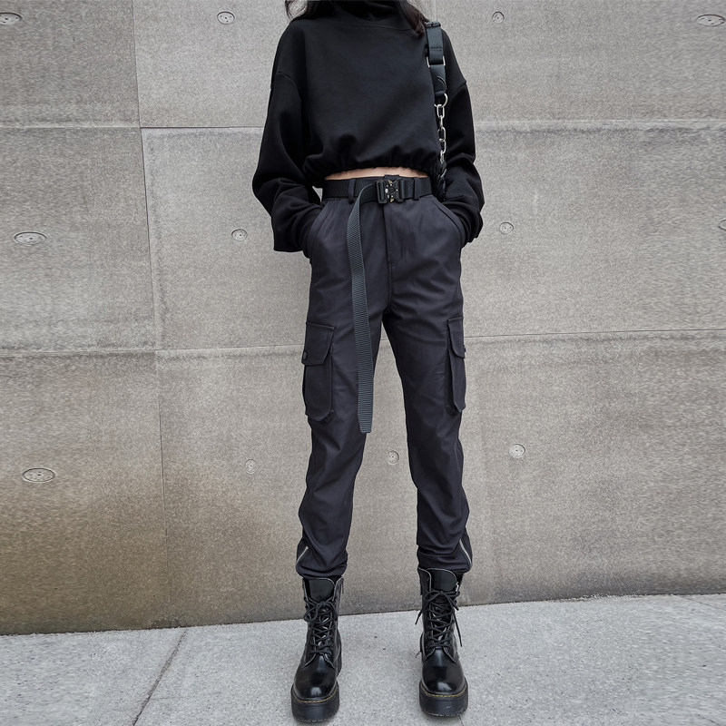 黑宇宙工装裤女显瘦高腰机能风束脚多口袋秋冬黑色酷潮帅气裤子