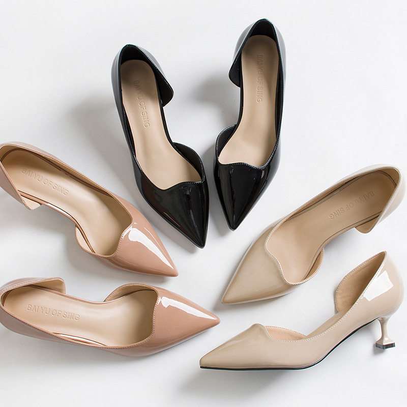 米兰2018春季新款女鞋裸色漆皮侧空中跟鞋尖头细跟单