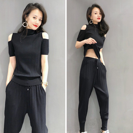 时尚运动休闲套装女显瘦洋气早秋款露肩气质欧货针织女装两件套潮