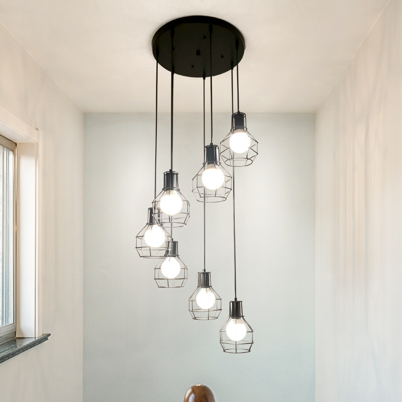 北欧复式楼梯长吊灯loft工业风创意餐厅阁楼个性复古多头组合灯具