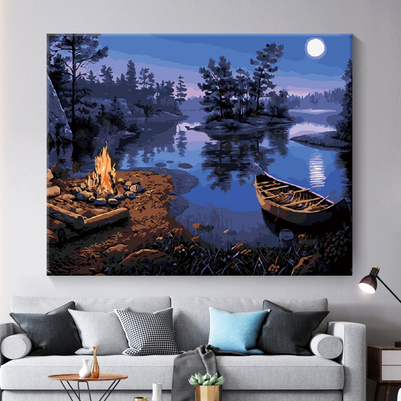 月夜湖边数字油画风景diy油彩画填色手工填充 卧室涂色填色画客厅