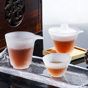 日式云雾水晶玻璃茶具套装竹节纹公道杯盖碗金边品茗茶杯功夫茶具