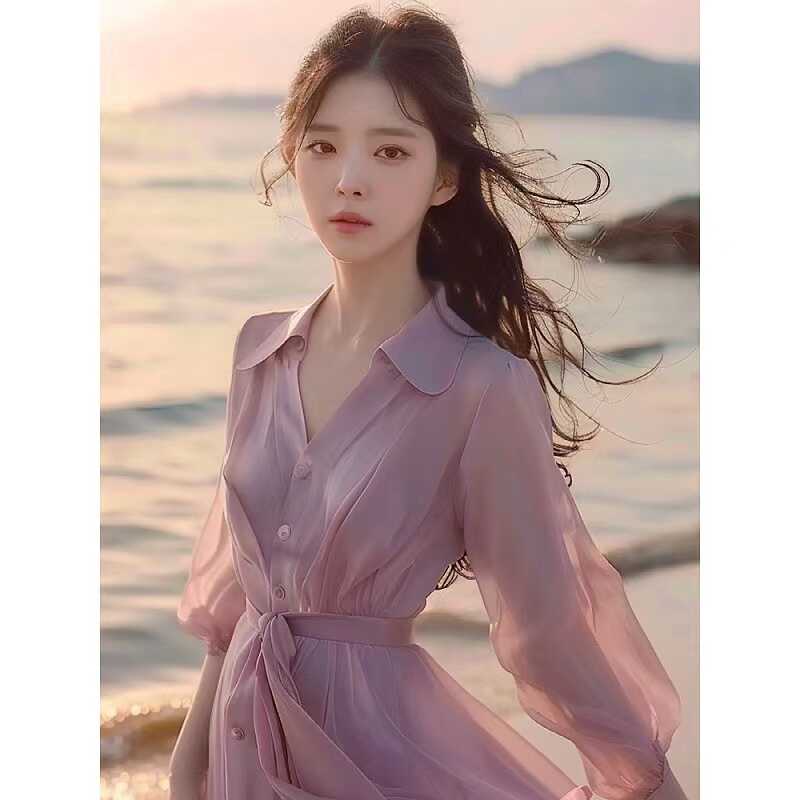 紫色衬衫连衣裙女2024夏季新款海边度假风气质名媛温柔绝美雪纺裙
