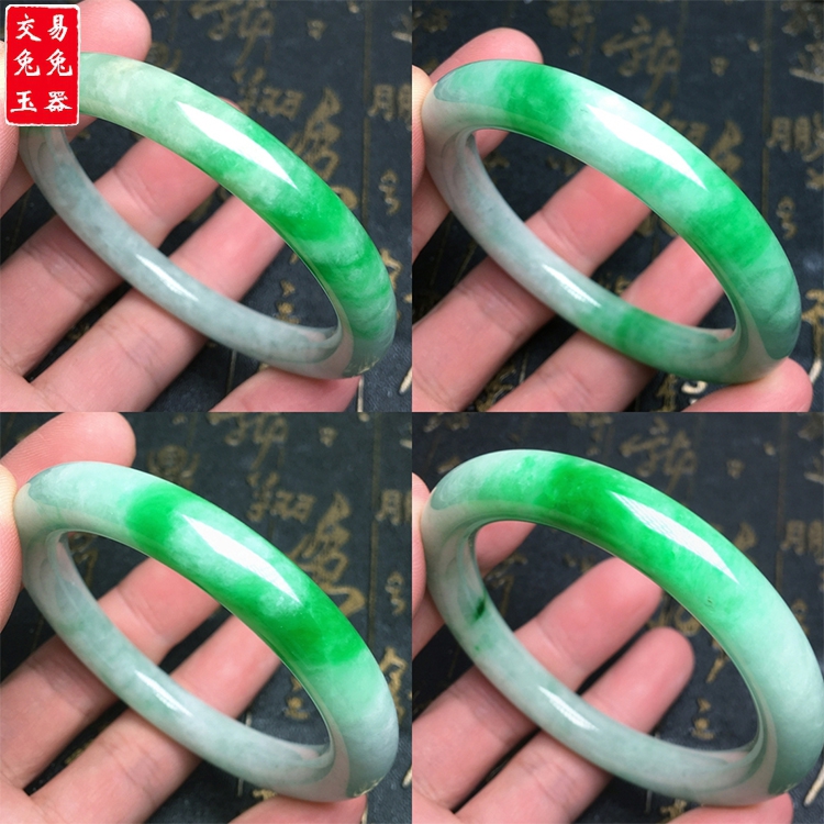 缅甸辣色阳绿翡翠圆条手镯 圆条阳绿翡翠大手环 白底阳绿翡翠玉镯