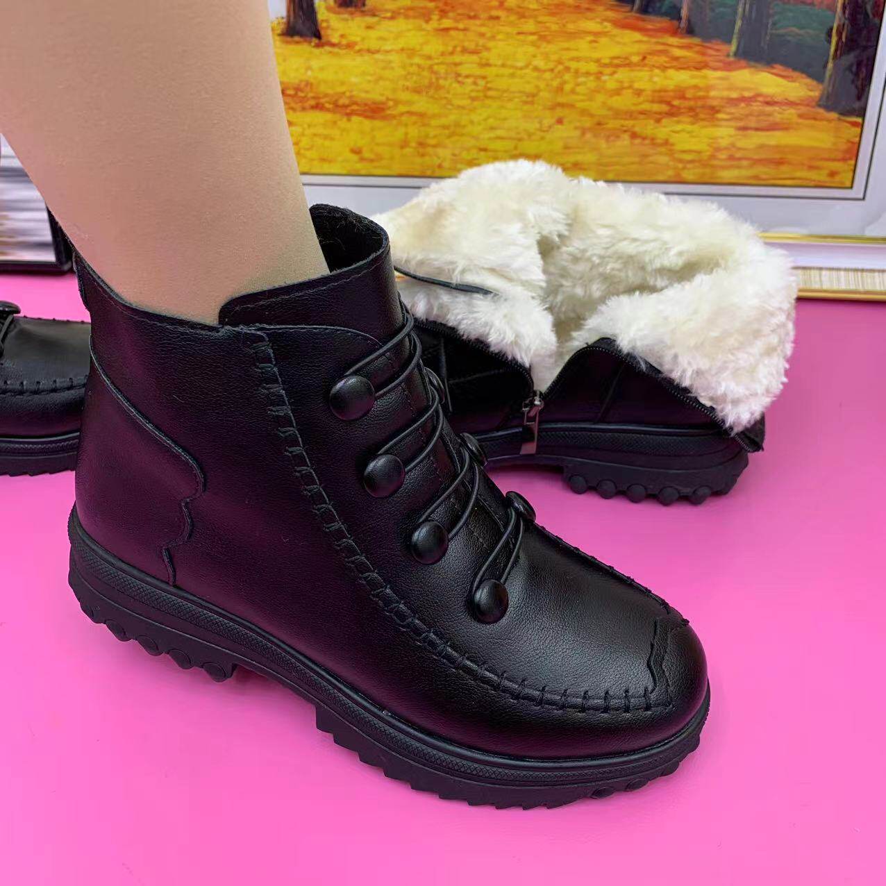 妈妈鞋保暖棉鞋冬季新款加绒加厚软底软面气质马丁靴女加厚棉棉靴