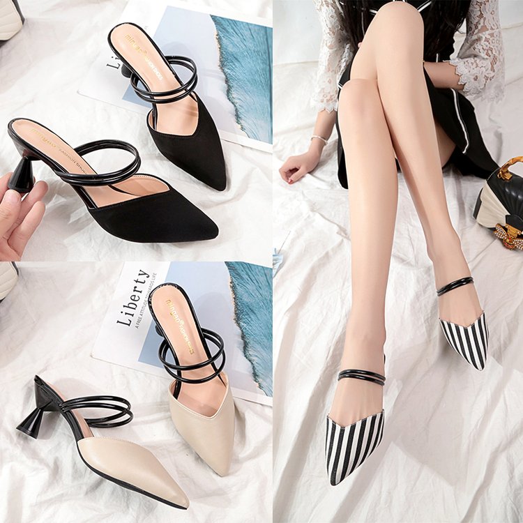 Women's shoes 2020 new pattern Korean Edition Sandals Tip Baotou Stiletto stripe Suede Two wear Retro Sandals Women's Shoesin the Women's Shoes, Sandals category - from Buy2taobao.com to provide professional Taobao agent buy service