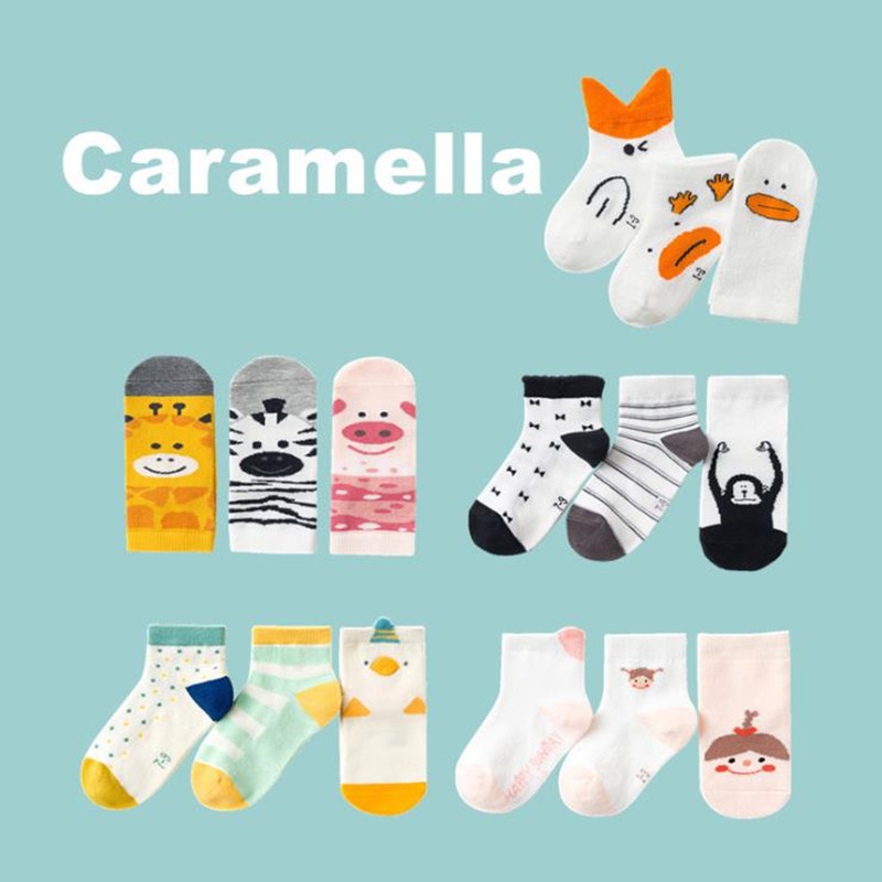 caramella2020春夏秋儿童袜三双装卡通动物薄款全棉短船袜子礼袋