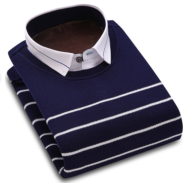 男士假兩件針織衫加絨加厚鼕季長袖襯衫領襯衣保暖襯衫毛衣圓領潮