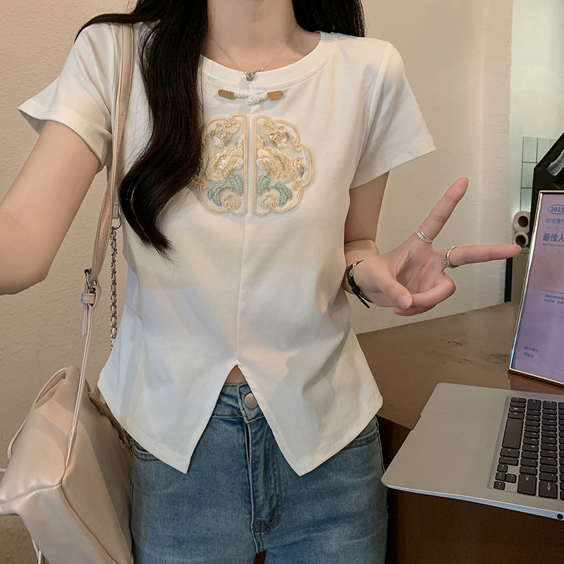 新中式轻国风白色刺绣正肩短袖t恤女夏季新款小衫设计感小众上衣