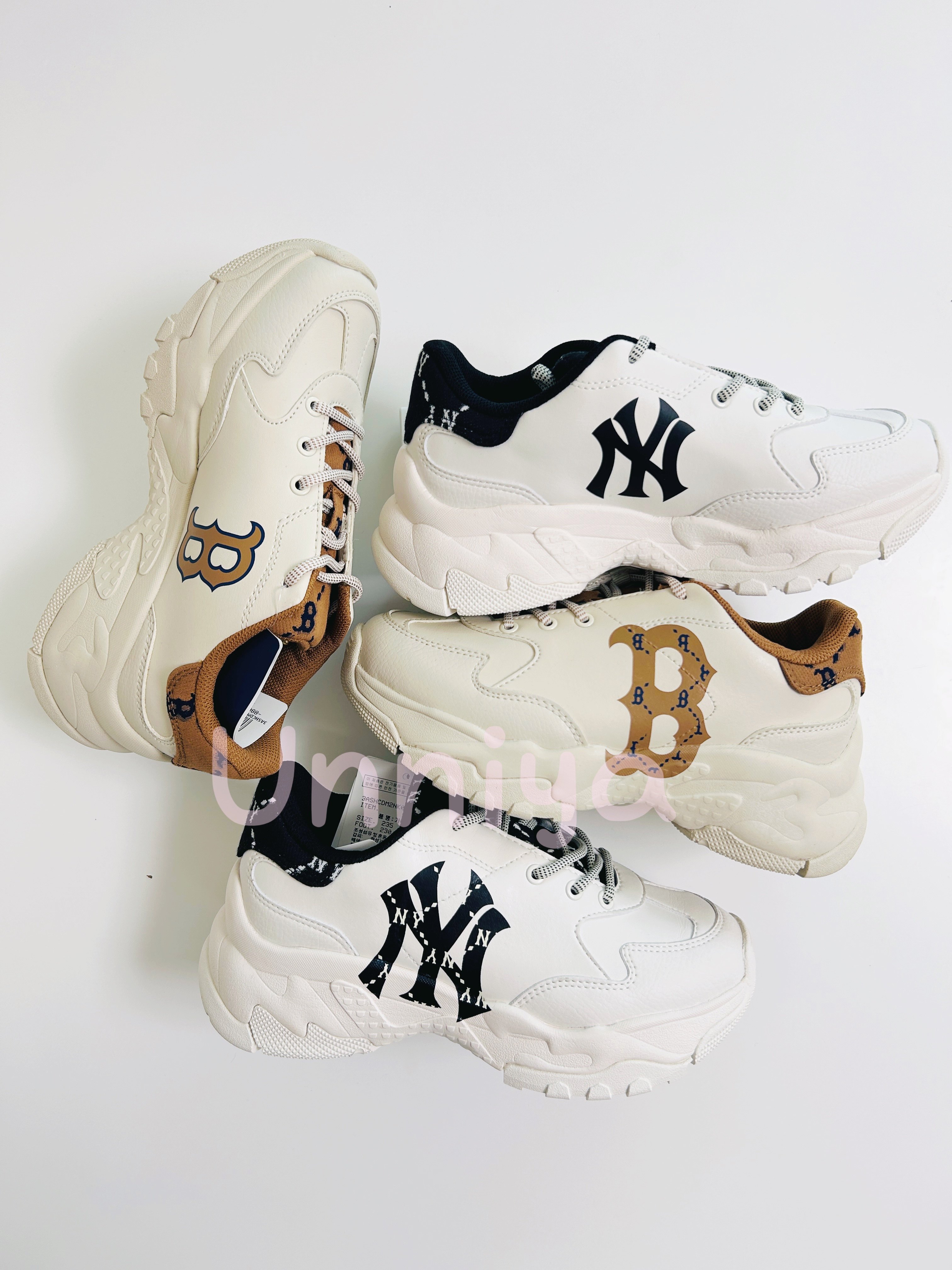 韩国代购正品mlb 男女同款复古厚底老花ny运动鞋休闲老爹鞋米棕色