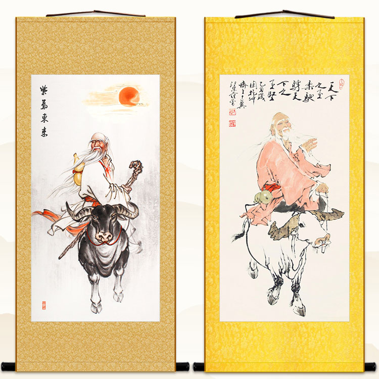 老子出关图画像 紫气东来骑牛图 道家中式复古书房装饰画卷轴挂画
