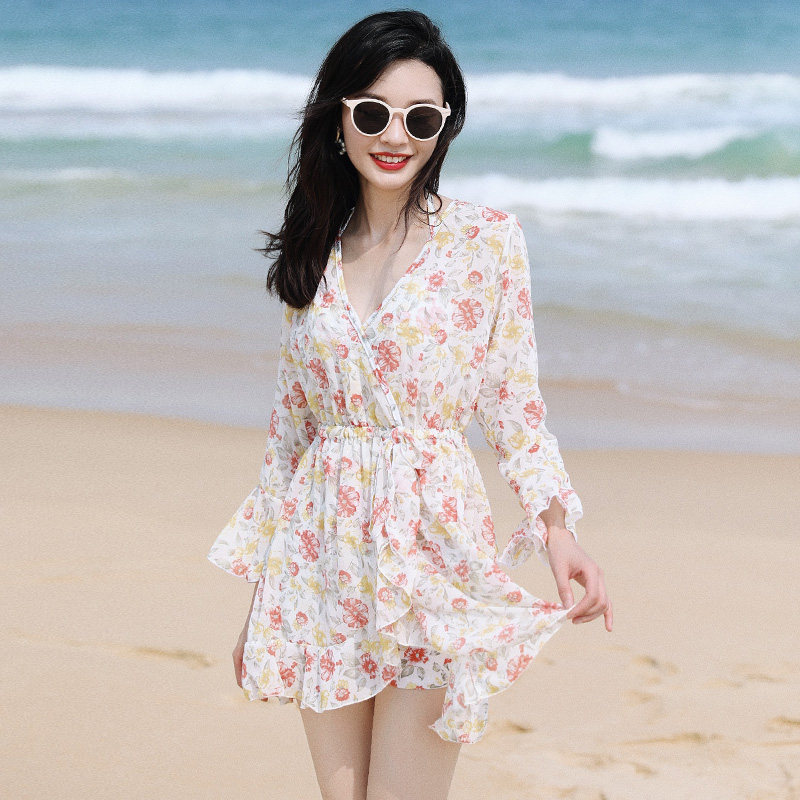 胖妹妹泳衣女夏罩衫比基尼三件套遮肚宽松长袖防晒水上乐园游泳衣