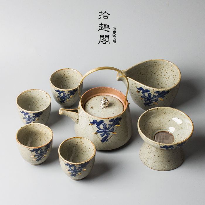 景德镇陶瓷茶具套 复古粗陶手绘装功