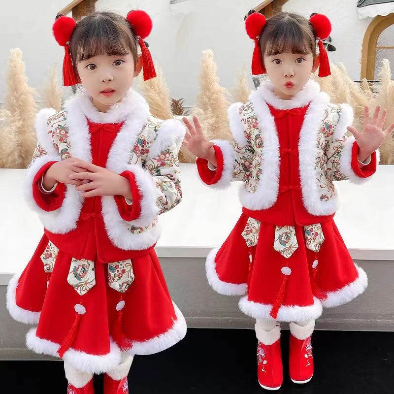 儿童汉服女童古装冬季加绒加厚宝宝过年拜年服中国风唐装女童礼服