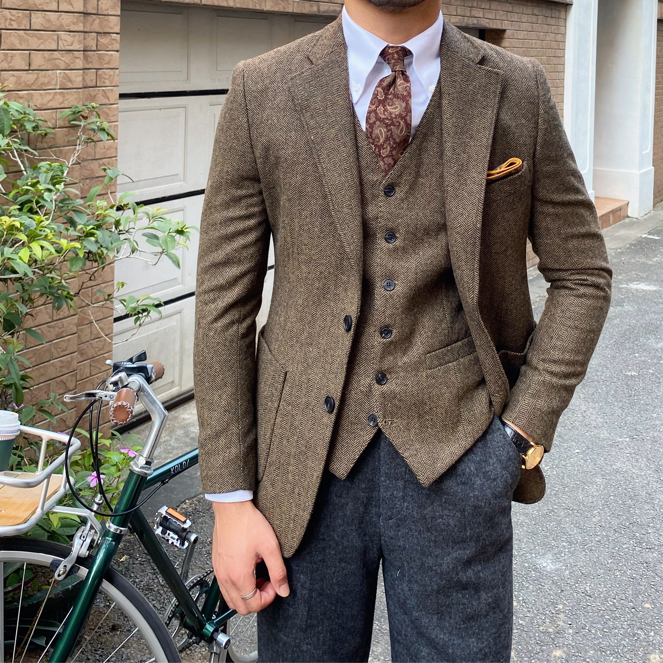 鹿三先生意式通勤西服男秋冬百搭日系复古人字纹羊毛小西装外套潮