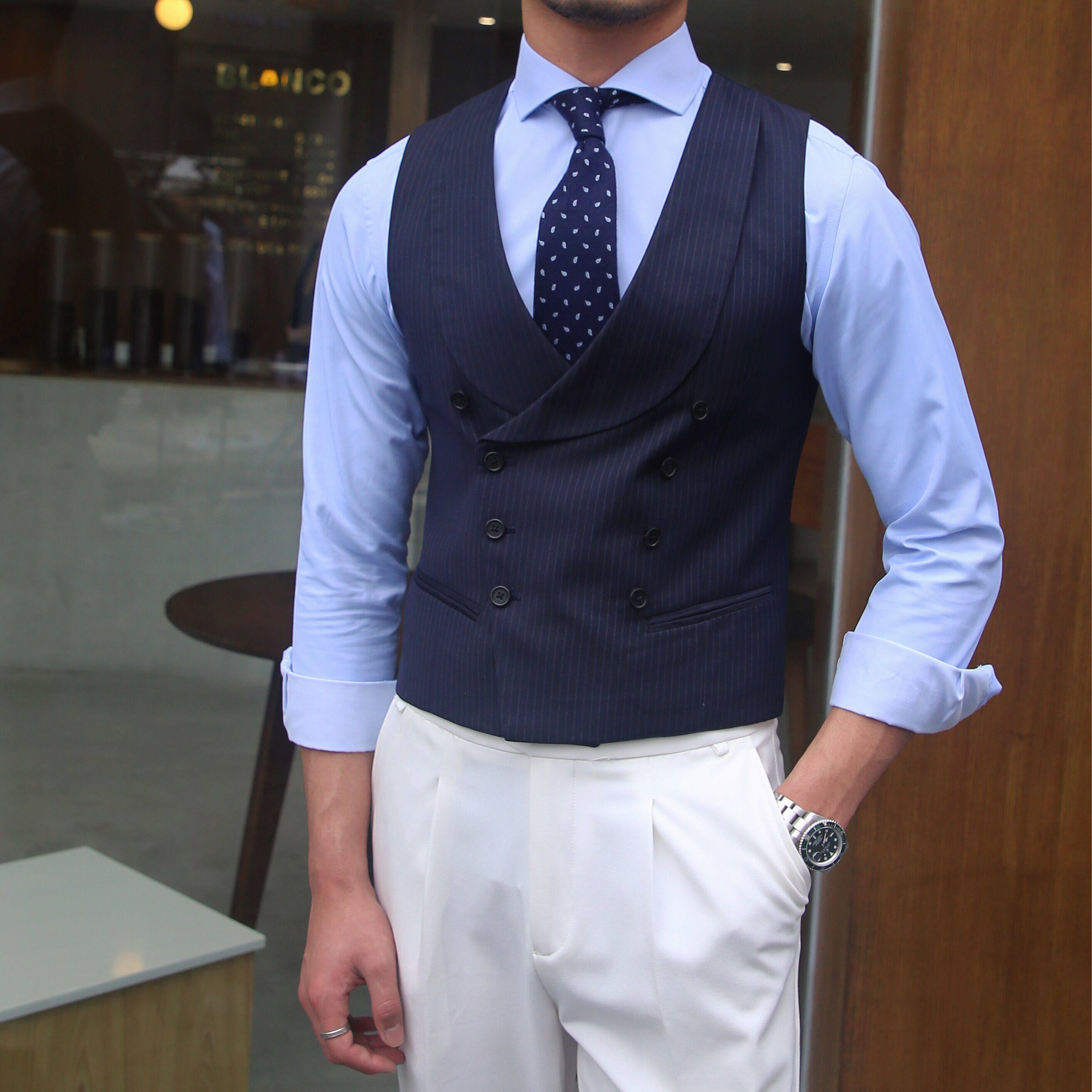 条纹修身马甲_鹿三先生宴会修身男士条纹双排扣西装马甲高级青果领