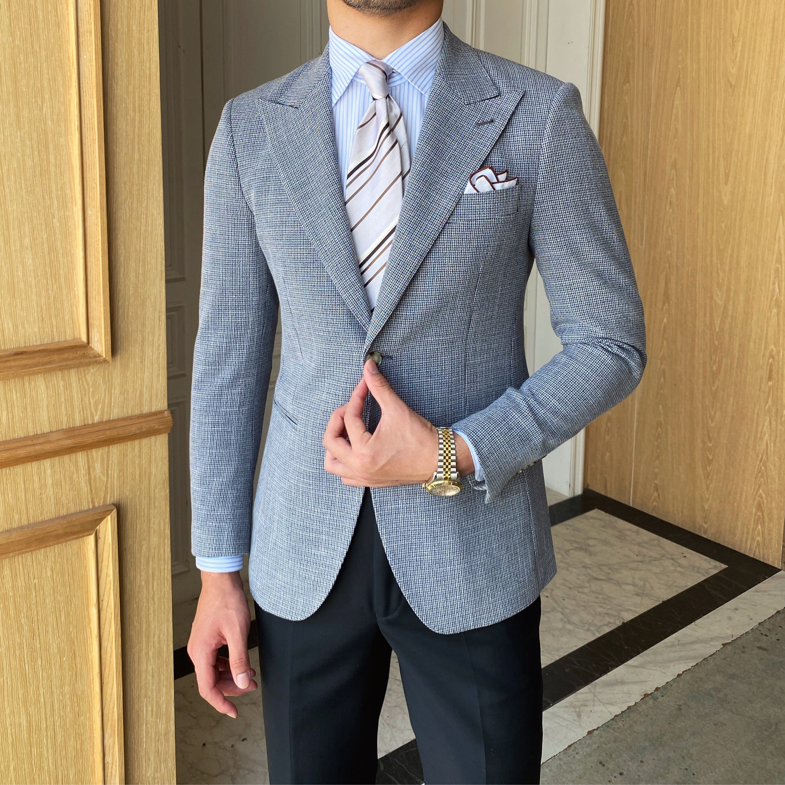 鹿三先生秋冬商务休闲戗驳领免烫西服外套男英伦千鸟格时尚西装潮