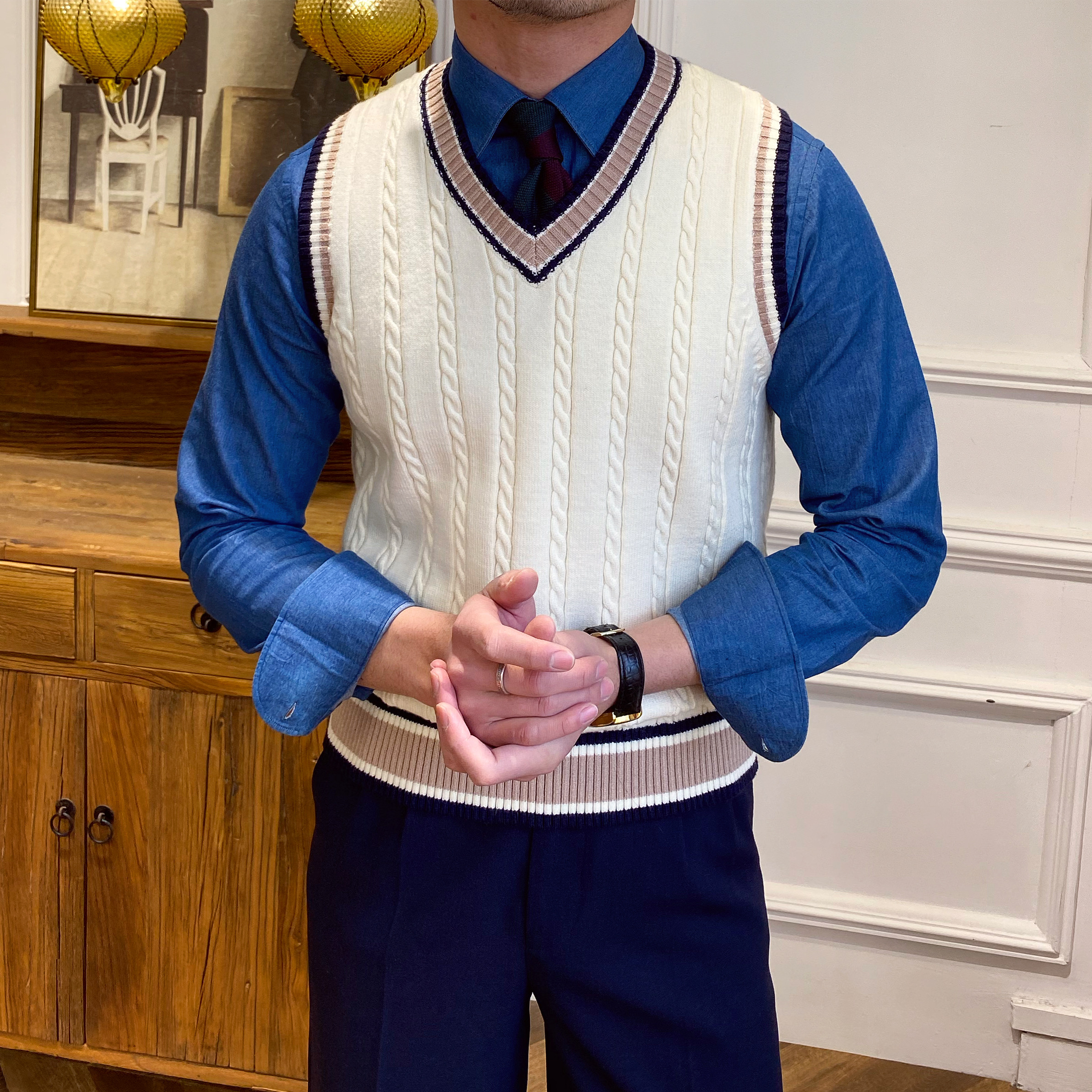 鹿三先生自制春季英伦毛衫修身背心男v领马甲毛线针织衫无袖毛衣