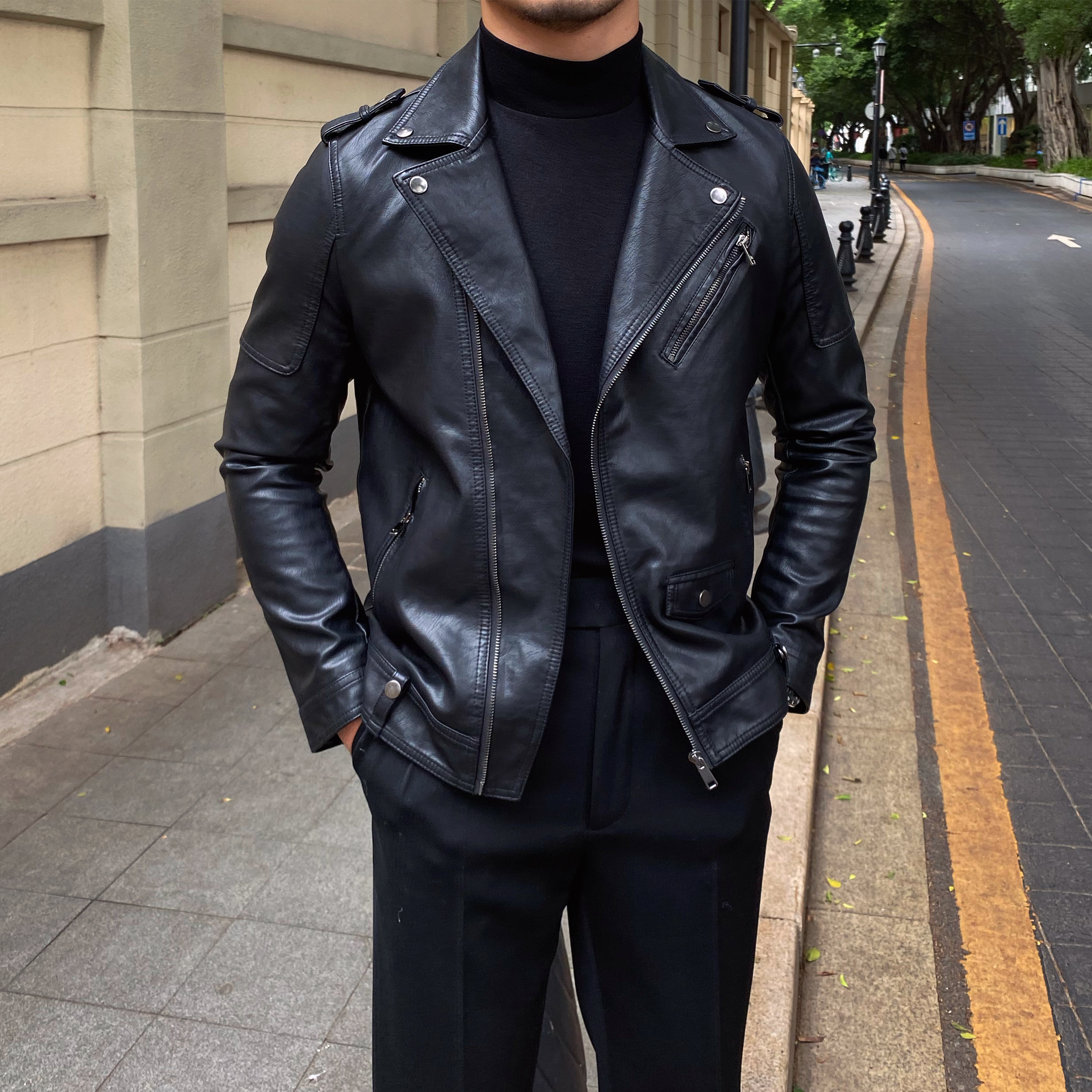 鹿三先生秋冬季皮衣男韩版环保皮夹克翻领拉链修身骑行服机车外套