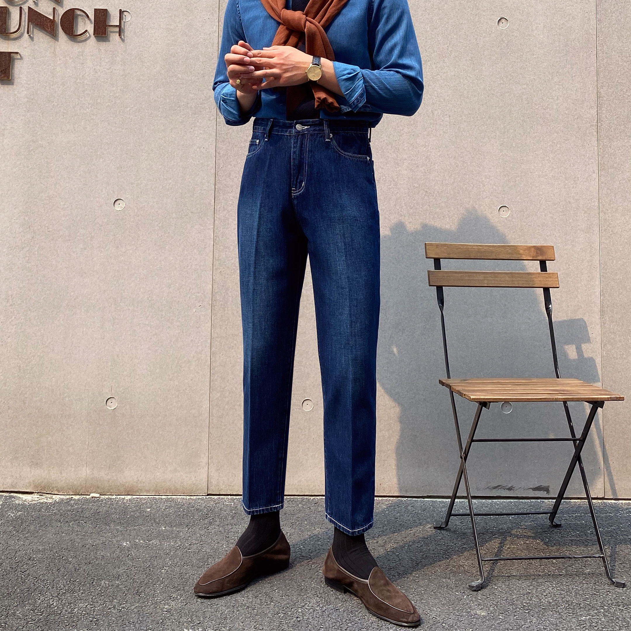 鹿三先生秋季新款休闲牛仔裤水洗蓝直筒高腰裤青年韩版潮男长裤子