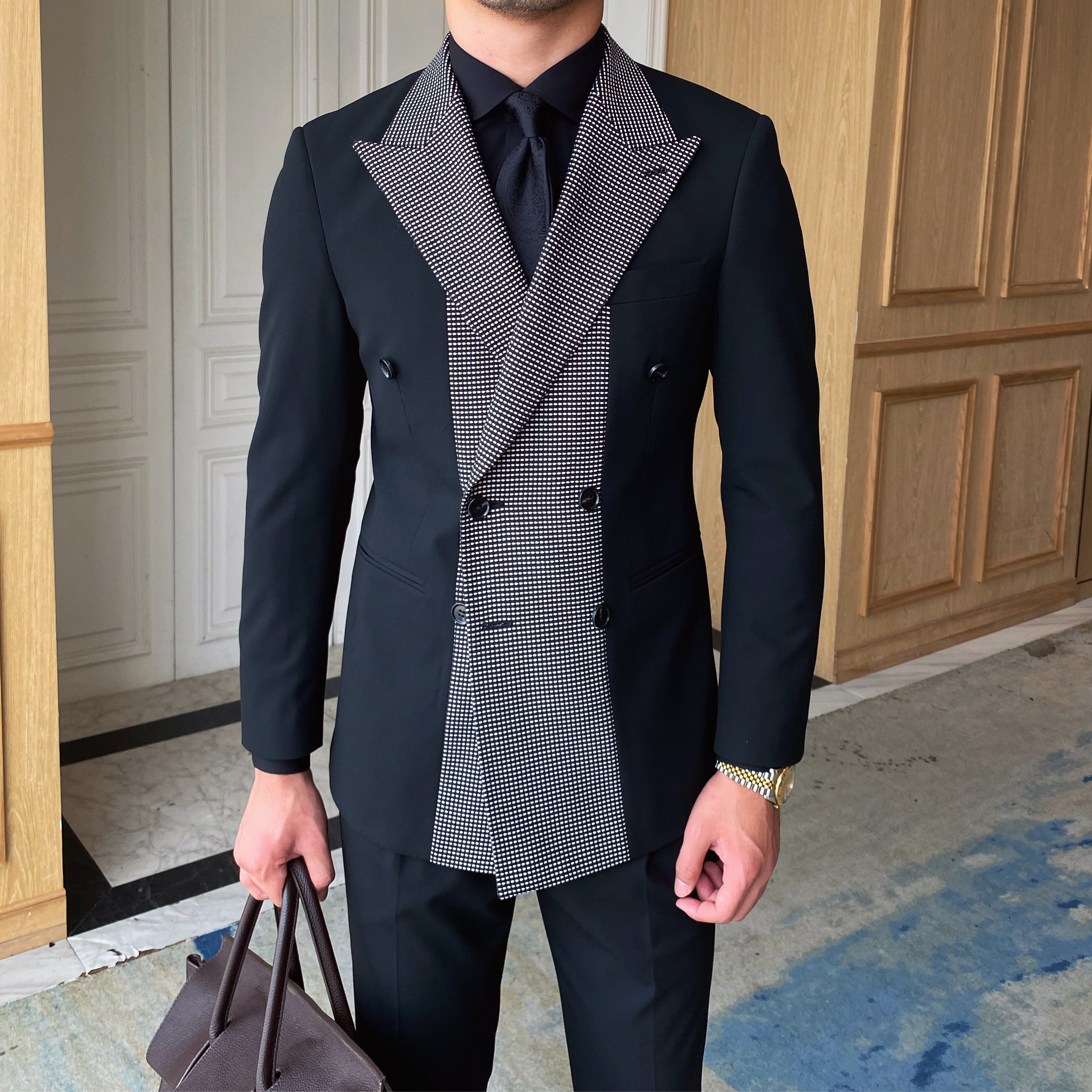 鹿三先生自制个性时尚小众拼接双排扣西服套装英伦设计感西装潮男