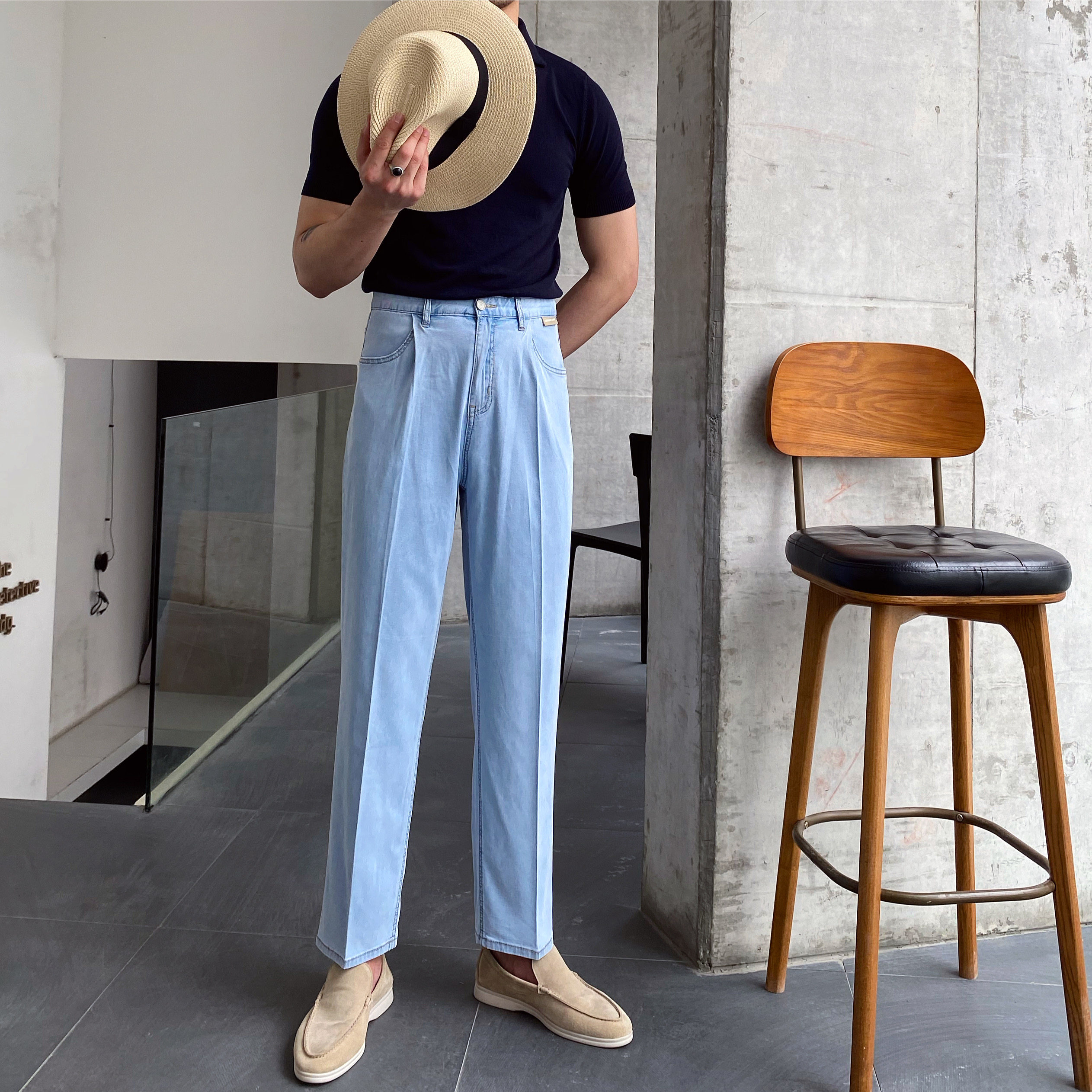 鹿三先生夏季薄款天丝透气垂感牛仔色裤子男百搭绅士高腰裤潮男