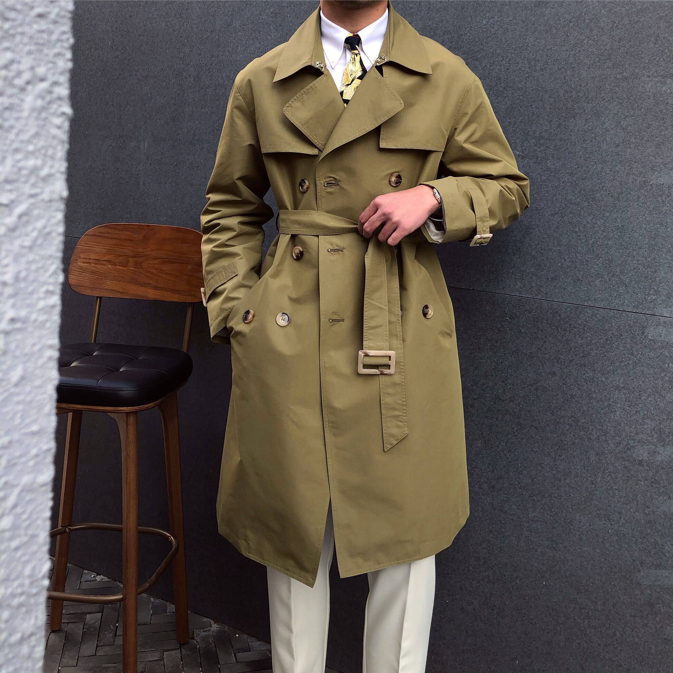 鹿三先生高定双排扣英伦风帅气外套薄款夹克韩版潮流中长款风衣男