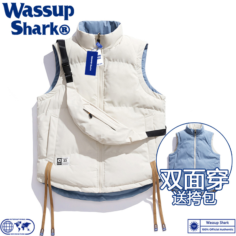 Wassup Shark潮牌双面穿马甲男女情侣秋冬季加厚保暖羽绒棉服无袖