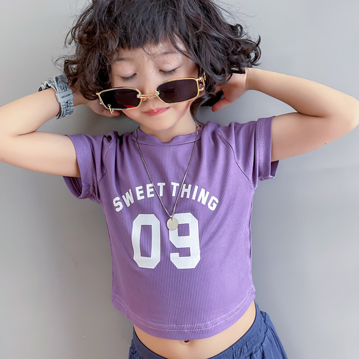 女童短袖t恤纯棉2022新款夏韩版爵士舞街舞上衣高腰露脐装中大童
