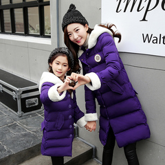 亲子母女装2016冬装新款中长款黄色外套韩版时尚紫色羽绒棉衣大衣