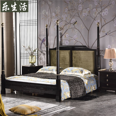 新中式实木床现代中式布艺床架子床双人床1.8米 卧室床酒店床家具