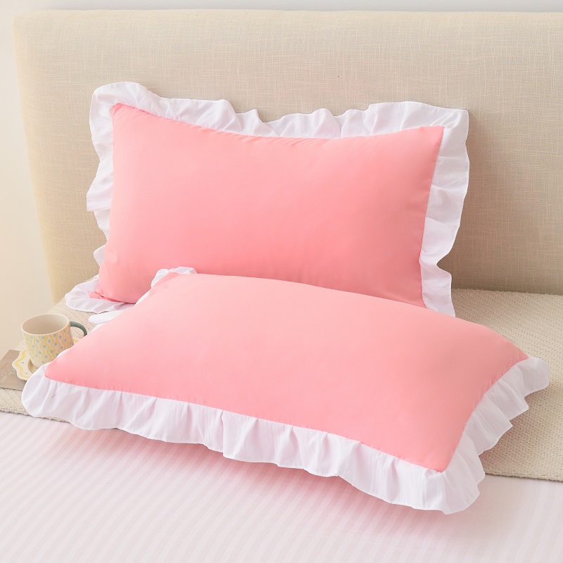 韩版枕套一对装纯色学生枕芯套家用磨毛红色儿童枕套荷叶花边4874