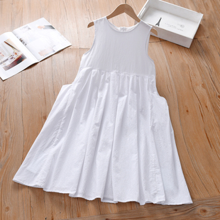 女童无袖连衣裙夏季新款中大童棉质侧边口袋DIY可扎染白色背心裙