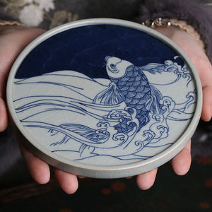 景德镇东云手绘复古青花锦鲤圆壶承开片赏盘陶瓷干泡台茶道零配