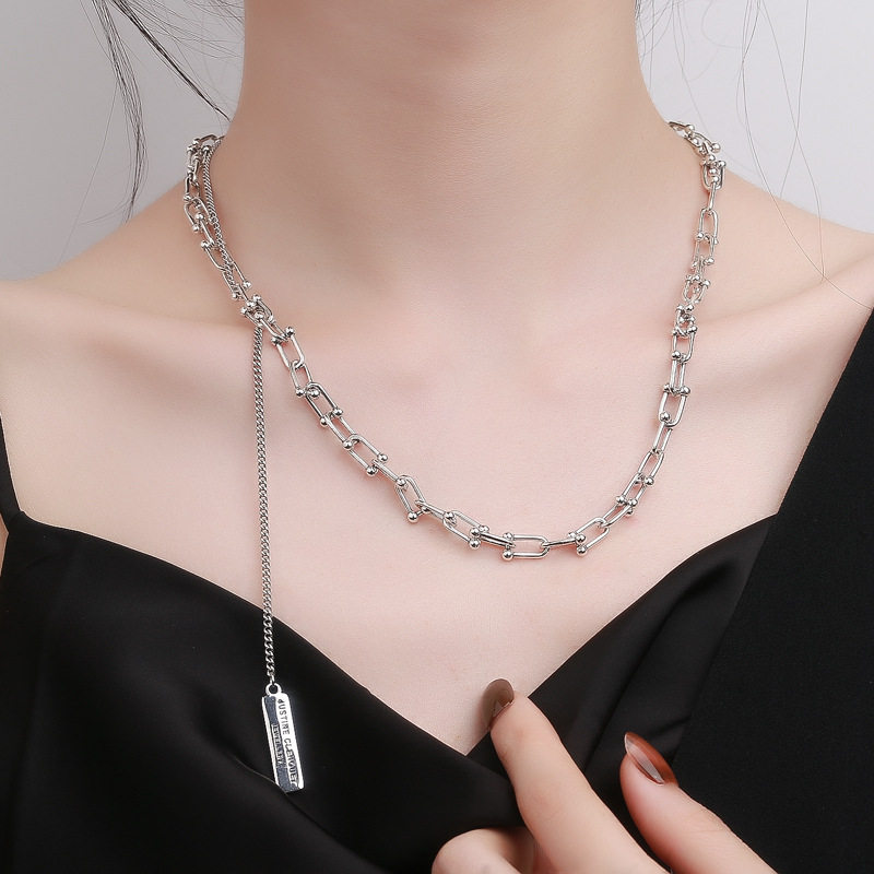 欧美风s925纯银超重手工马蹄链流苏英文项链小吊牌辣妹潮男锁骨链