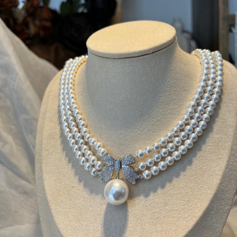 法式轻奢中古vintage天然深海贝珠珍珠项链晚妆链三层6A琉璃珠光