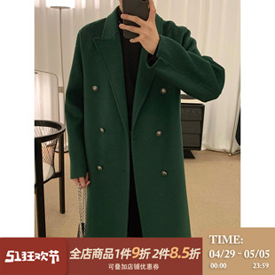 阿茶与阿古墨绿色水波纹双面毛呢大衣男款冬季韩版中长款呢子外套