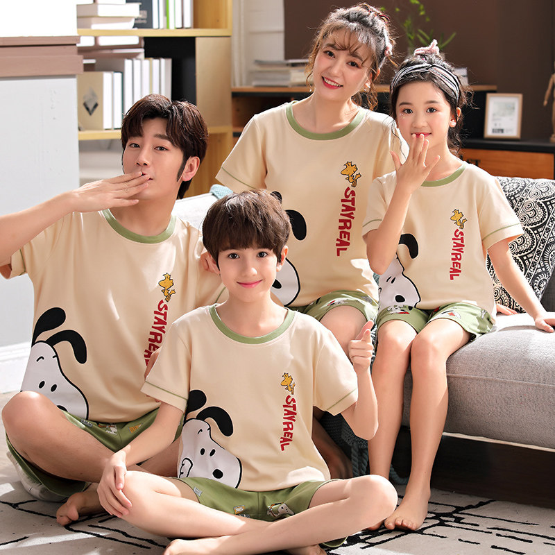 亲子睡衣夏季纯棉短袖一家三口母女家庭装男女童夏薄款儿童家居服