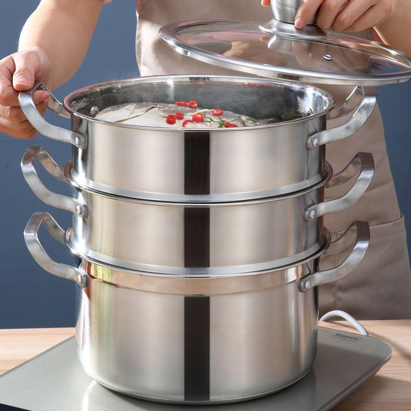 特加厚小蒸锅三层复底304不锈钢家用双层蒸格电磁炉煤气汤锅蒸笼