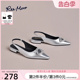 REEMOOR睿慕2024夏季新款尖头法式粗跟包头后空凉鞋气质银色女鞋