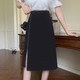 黑色镶钻半身裙女夏季大码2023新款高腰显瘦A字开叉西装中长款裙